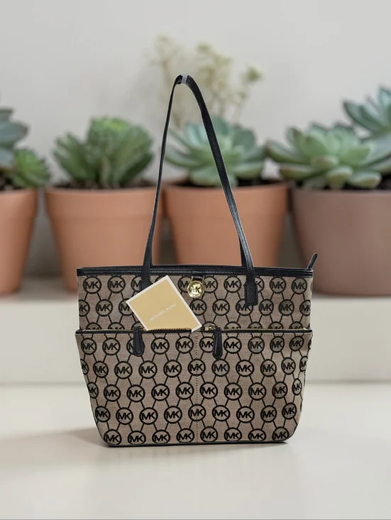 Michael Kors Jet Set Travel Brown MK Signature Tote Black Trim Gold Medallion - Picture 2 of 9